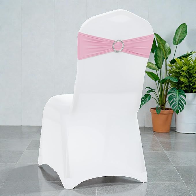 VDS - Pink | Spandex Chair Sashes Bows | 100 PCS | Stretch Elastic Banquet Universal Folding Chair Band Tie with Silver Buckle Slider for Wedding Party Conference Celebration Event Decoration