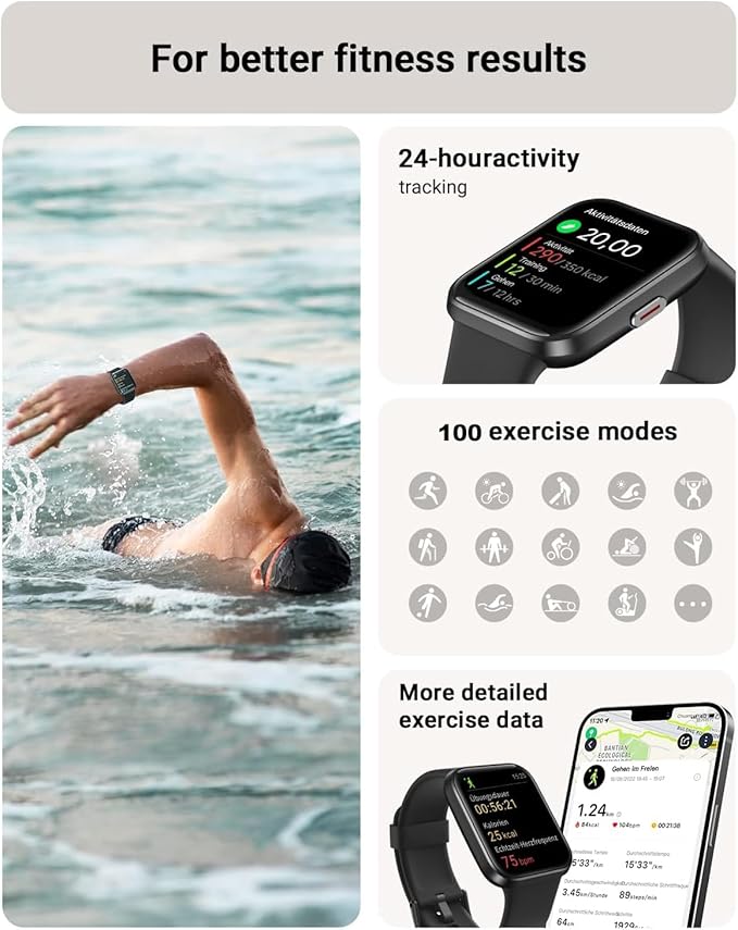 Tensky Smart Watch for Men/Women Android & iPhone, Alexa Built-in, 1.8" Touch Screen Fitness Tracker with Answer/Make Calls, 3ATM Waterproof Heart Rate/Sleep/SpO2 Monitor, Pedometer, 100+ Sport Modes