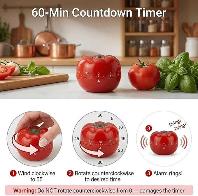 Kitchen Timer, 60-Minute Mechanical Countdown Timer, Red Tomato Shape, Manual Wind-Up for Cooking, Baking, Study, Gym