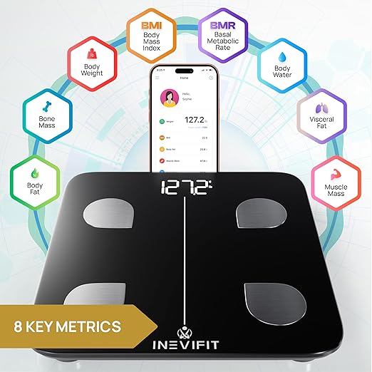 INEVIFIT Smart Body Fat Scale, Highly Accurate Bluetooth Digital Bathroom Body Composition Analyzer, Measures Weight, Body Fat, Water, Muscle, Visceral Fat & Bone Mass for Unlimited Users