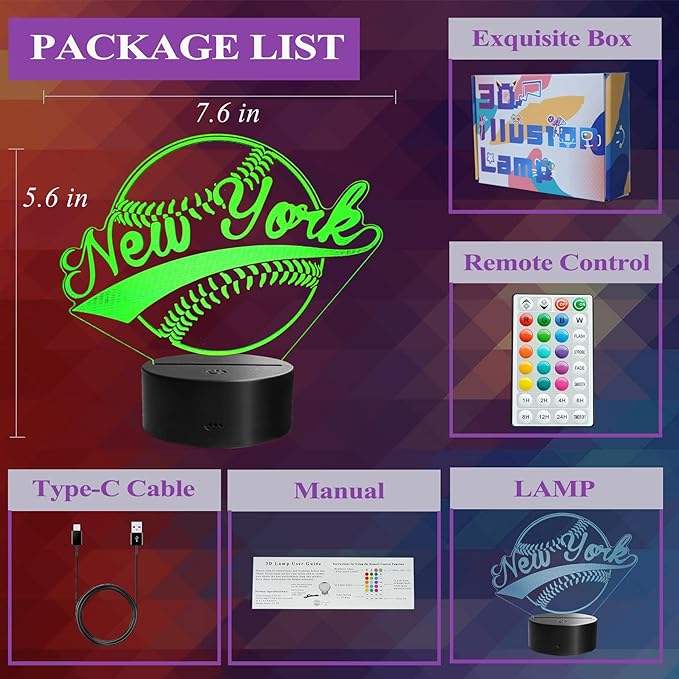 Baseball New York Night Light, NY Baseball Sport Gifts for Boy, 3D Illusion Lamp with Remote Control, 16 Colors Changing, RGB Flashing Mode and Dimmable, Gifts for Boys Christmas Decor