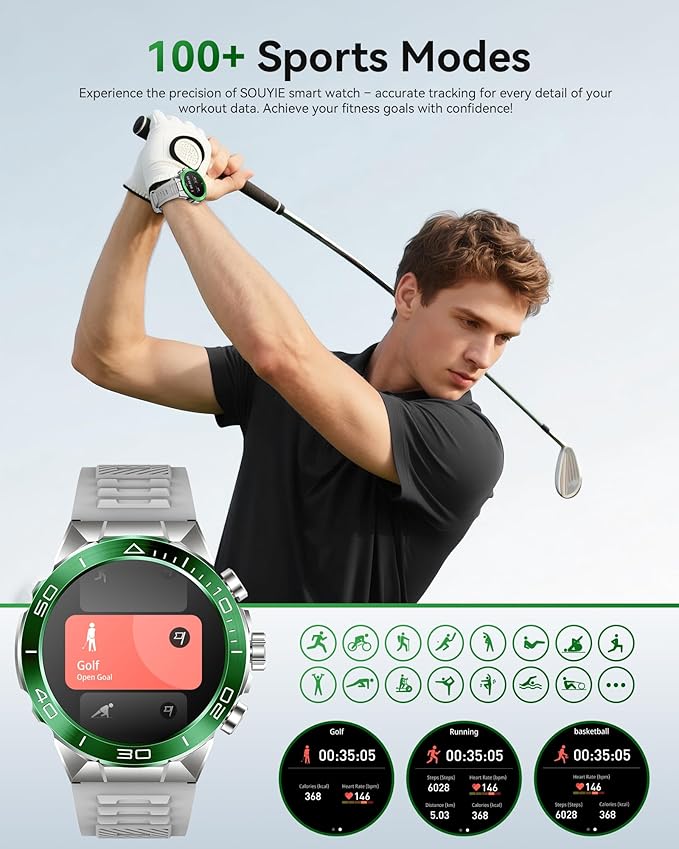 SOUYIE Military Rugged Smart Watch for Men, AMOLED 1.43" HD Screen, Bluetooth Call Answer/Make, Blood Oxygen/Heart Rate/Sleep Tracker, 7-30 Day Battery, Waterproof Fitness Tracker for iOS Android