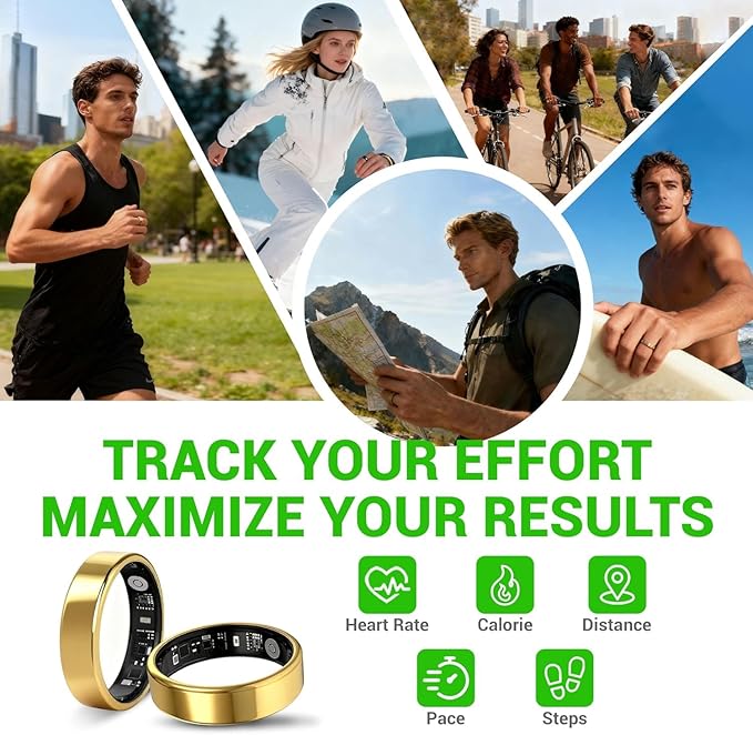 Smart Ring - Free Heart Rate SpO2 Sleep Tracker | No Subscription | IP68 Waterproof Fitness Tracker | 24/7 Activity Monitor | Step Counter & Stress Tracking | Sleep & Workout (Gold, 8)