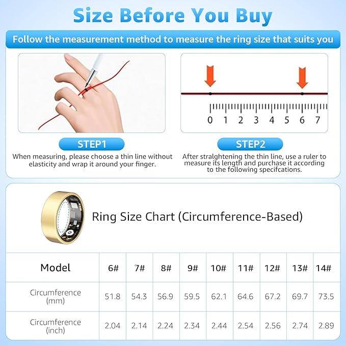 Smart Ring Health Tracker for Women & Men, Fitness Ring with Heart Rate Blood Oxygen, Sleep Monitor, Step Tracker, IP68 Waterproof Compatible with iOS & Android, No Subscription Fee (Gold, 12)