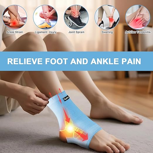 eYotto Open-Heel Ankle Sleeves (7 Pair), Breathable Foot & Ankle Compression Support for Swelling, Plantar Fasciitis & Sprain Relief for Men & Women(Blue)