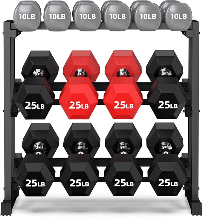 PLKOW Adjustable 3-Tier Dumbbell Rack with Barbell & Weight Plate Storage for Home Gym, Heavy Duty Steel Weight Rack Stand, Angle Height Width Adjustable Gym Organizer