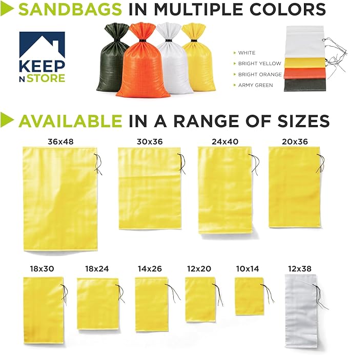 Heavy Duty Sand Bags Pack of 5, Bright Yellow Empty Sandbags with Built-In Ties, Woven Polypropylene UV Protection 1600 Hours, Fillable Bags for Flood Control, Weight, 24x40 inches, 125 Pounds Volume