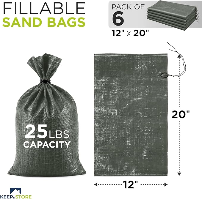 Heavy Duty Sand Bags Pack of 6, Army Green Empty Sandbags with Built-In Ties, Woven Polypropylene UV Protection 1600 Hours, Fillable Bags for Flood Control, Weight, 12x20 inches, 25 Pounds Volume