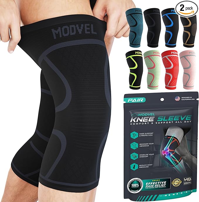Modvel Knee Braces for Women & Men – 2 Pack Brace Set, Compression Sleeves for Meniscus Tear, ACL & Arthritis Pain Relief, Joint Support and Stability – Black XL