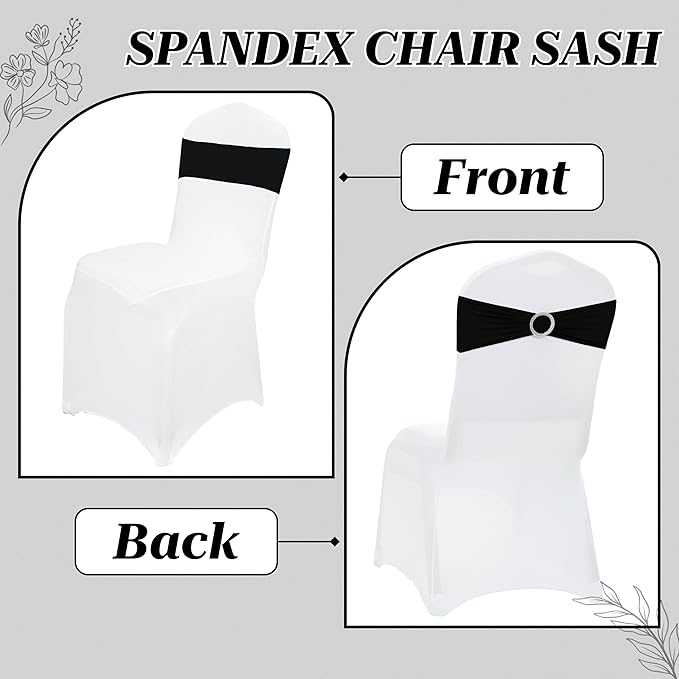VDS - Black | Spandex Chair Sashes Bows | 200 PCS | Stretch Elastic Banquet Universal Folding Chair Band Tie with Silver Buckle Slider for Wedding Party Conference Celebration Event Decoration