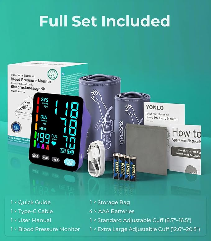 Blood Pressure Monitor, Automatic Upper Arm Blood Pressure Monitors for Home Use, 2 Blood Pressure Machine Cuff(9-17in & 13-21in) with Large LED Backlit Display, 3x199 Reading Memory Purple