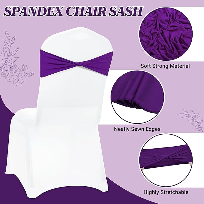 MDS Pack of 25 Spandex Chair Sashes Bows Elastic Stretch Dining Chair Bands Ties Without Slider Buckle Universal fits for Wedding Baby Shower Birthday Party Banquet Event Decoration - Purple
