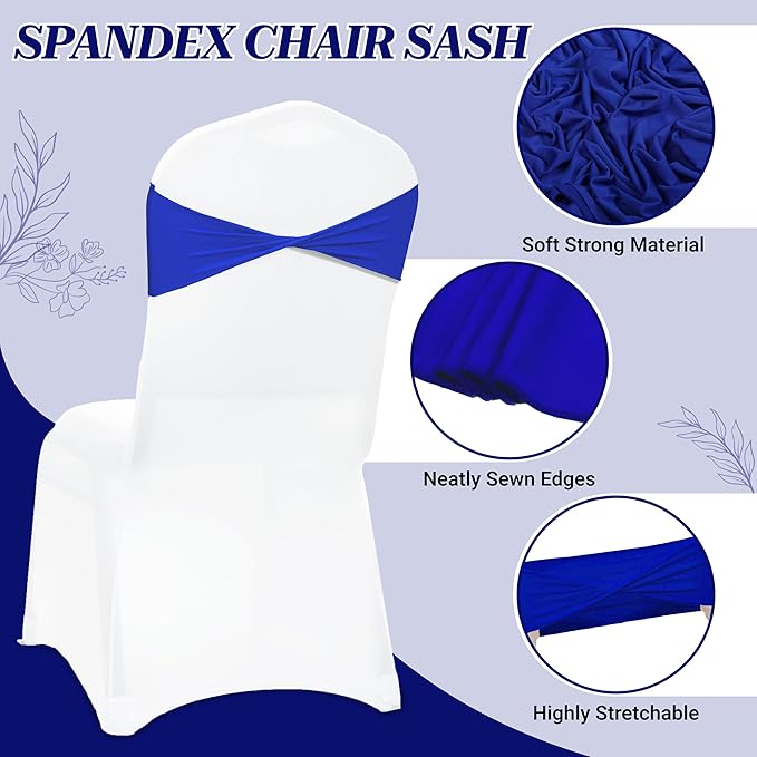 MDS Pack of 50 Spandex Chair Sashes Bows Elastic Stretch Dining Chair Bands Ties Without Slider Buckle Universal fits for Wedding Baby Shower Birthday Party Banquet Event Decoration - Royal Blue