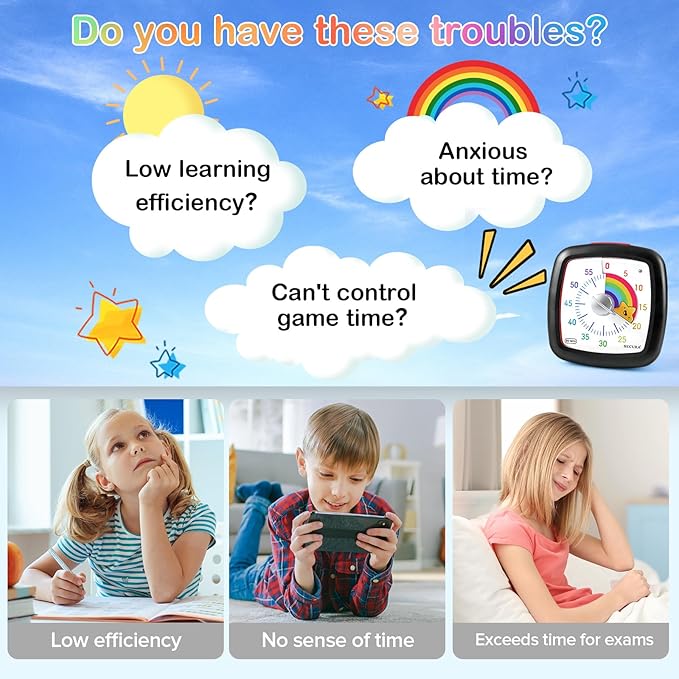 Secura 60-Minute Visual Timer, Silent Study Timer for Kids and Adults, Time Clocks, Time Management Countdown Timer for Teaching (Black & Star)