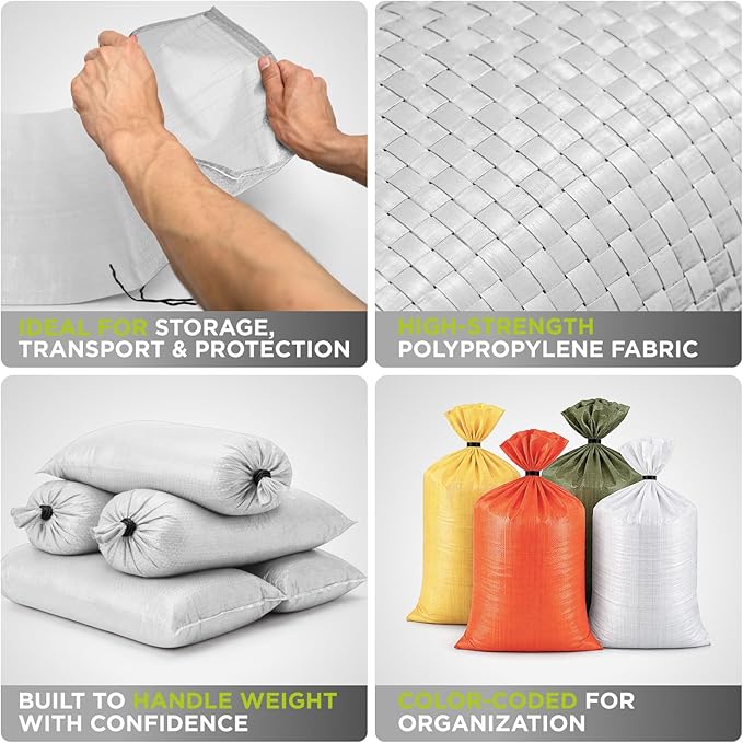 Heavy Duty Sand Bags Pack of 5, White Empty Sandbags with Built-In Ties, Woven Polypropylene UV Protection 1600 Hours, Fillable Bags for Flood Control, Weight, 24x40 inches, 125 Pounds Volume