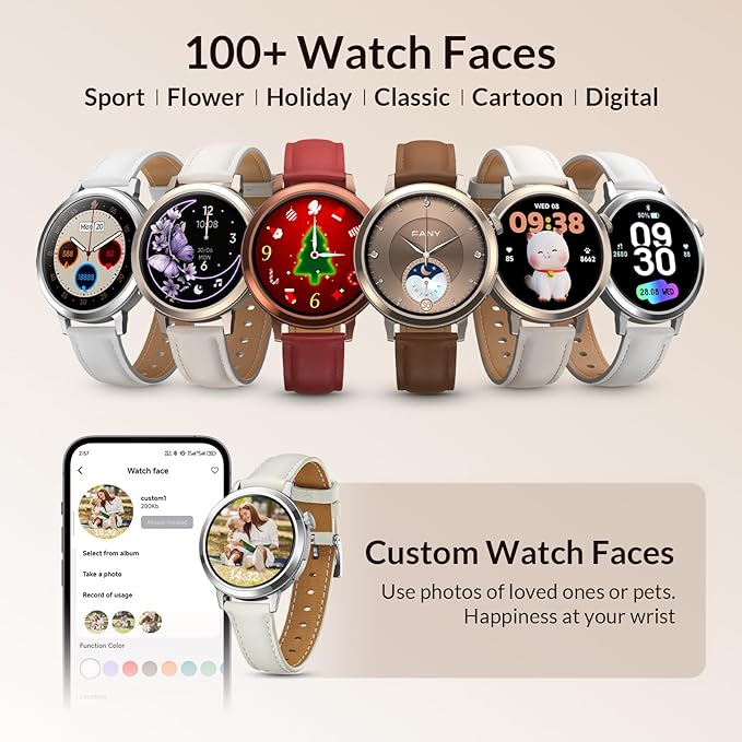 Smart Watch for Women, FANY See the Vibe 1.1'' AMOLED Ultra-clear Display with Aluminum Case & Leather Band, Fitness Tracker with Sleep/Heart Rate/SpO2/ Breathing/Step Monitor, 110+ Exercise Modes