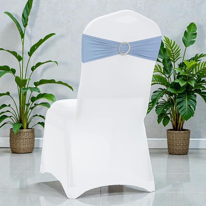 MDS Pack of 150 Spandex Chair Sashes Bows Universal fits Elastic Stretch Chair Bands Ties with Buckle Slider Bow for Wedding Decoration Spandex Slider Sashes Bow - Baby Blue