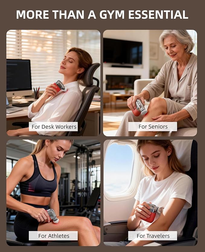 Mini Massage Gun, Pocket Sized Deep Tissue Percussion Muscle Massager, 0.4lb Ultra-Lightweight Portable Handheld Massage Gun for Travel, Gym, Office, 3 Speeds, 4 Heads, Red