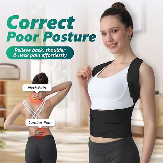 Posture Corrector for Women and Men, Adjustable Shoulder Straightener with Full Back Support, Relief for Lower & Upper Back Pain, Spine, Scoliosis Relief (Black, Small)