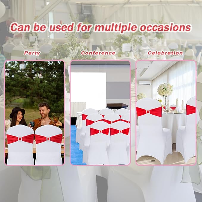 Joccun 30 PCS Spandex Chair Sashes Bows Stretch Chair Cover Band with Buckle Slider Universal Elastic Chair Ties for Wedding Banquet Party Event Decoration (Ruby)