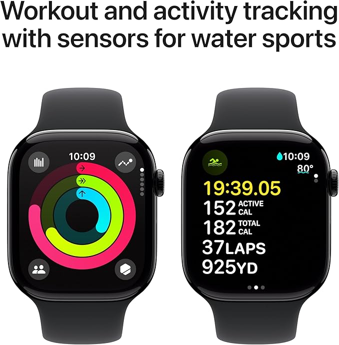 Apple Watch Series 10 [GPS + Cellular 46mm] with Jet Black Aluminium Case with Black Sport Band - M/L. Fitness Tracker, ECG App, Always-On Retina Display, Water Resistant with AppleCare+ (2 Years)