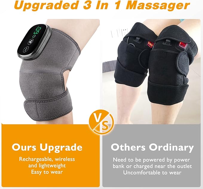 Cordless Knee Massager with Heat Vibration, Knee Heating Pad, Electric Heated Knee Brace Shoulder Heating Pads Elbow Wrap with 3 Heat Levels and Massage Modes