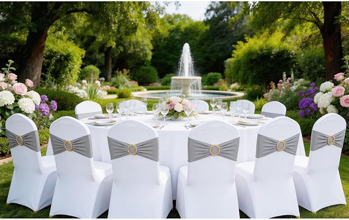 50 Pack Grey Chair Sashes with Gold Buckle Slider, Spandex Silver Chair Bands Bows for Folding Chairs Wedding Party Banquet Decor
