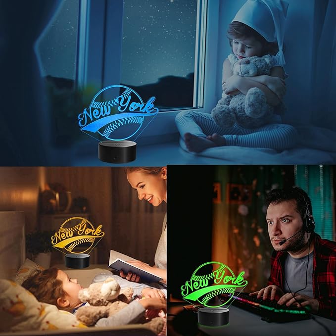 Baseball New York Night Light, NY Baseball Sport Gifts for Boy, 3D Illusion Lamp with Remote Control, 16 Colors Changing, RGB Flashing Mode and Dimmable, Gifts for Boys Christmas Decor