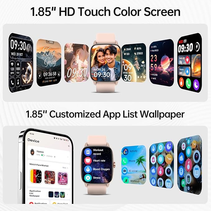 Smart Watches for Women Men with Bluetooth Call & AI Voice, 1.85" HD Fitness Tracker with Heart Rate SpO2 Sleep Monitor, 100+ Sports Modes,Mini Games, IP68 Waterproof Smartwatch for Android iOS Phones