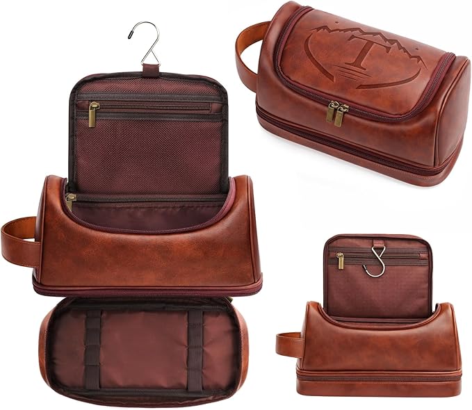 Mens Toiletry Bag for Travel,PU Leather Travel Toiletries Bag,Waterproof Toiletry Shaving Kit for Men,Personalized Gifts for Men Father's Day Birthday (T)