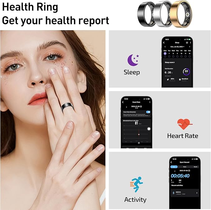 Smart Ring Health Tracker, Sleep&Exercise Monitor Heart Rate,Blood Oxygen,Fitness Trackers for Man&Women -Long Lasting Batteries,Waterproof Sleep Tracking Wearable (Black, 11)