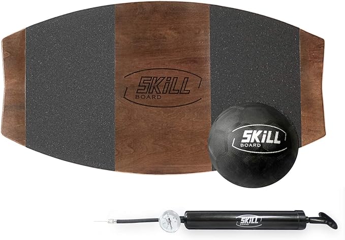The Skill Board - Wooden Balance Board for Adults - Wobble Board for All Sports, Gym, Standing Desk, or Yard Games - Balance Trainer, Fitness Ball, Ball Pump, Grip Tape