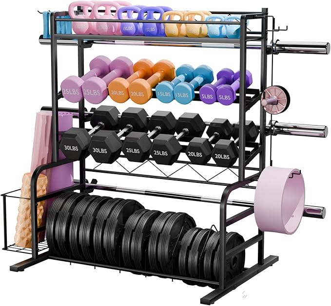 XL Adjustable Weight Rack for Dumbbells - Barbell Holder Bumper Plate Storage Rack with 3 Olympic Bar Racks, Dumbbell Rack Weight Stand,Home Gym Storage Rack for kettlebells,Yoga Mat