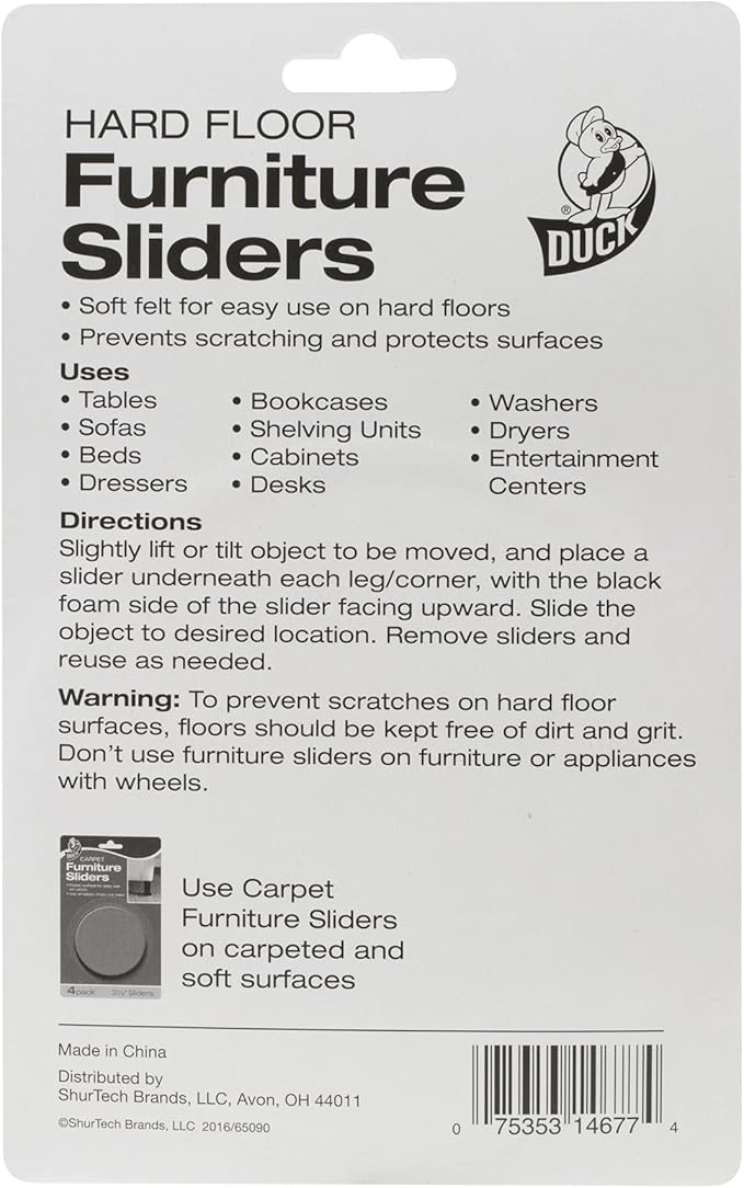 Duck Brand Felt Furniture Sliders for Hard Floors, 3.5 Inch Width, 4 Pack