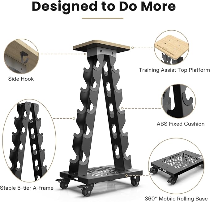 Vertical Dumbbell Rack Stand with Wheels, 5-Tier A-Frame Mobile Weight Storage for Dumbbells, 300LBS Capacity Professional Solid Steel with Training Assist Platform & Bottom Tray, Perfect for Home Gym Fitness Organization (Rack Only)