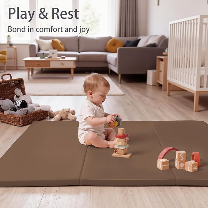 TODIBY Foam Baby Play Mat: PU Leather Waterproof Kids Playmat - Trifold Floor Mat - Large Play Mat for Playpen Thick Pad Fodable Mattress Soft Toddler Mattress Infant Cushion for Preschool (Brown)