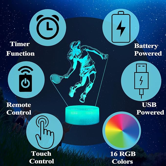Tennis Night Light, Tennis Gifts for Girls, 3D Illusion Lamp with Remote Control, 16 Colors Changing, RGB Flashing Mode, Timer and Dimmable, Christmas Decor