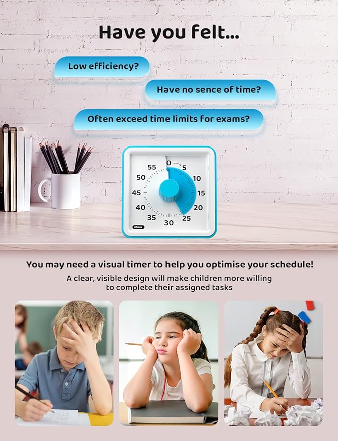 LIORQUE Visual Timer for Kids, 60-Minute Countdown Timers for Classroom Office Kitchen with Silent Operation, Kids Timer for Teaching (Batteries Included)