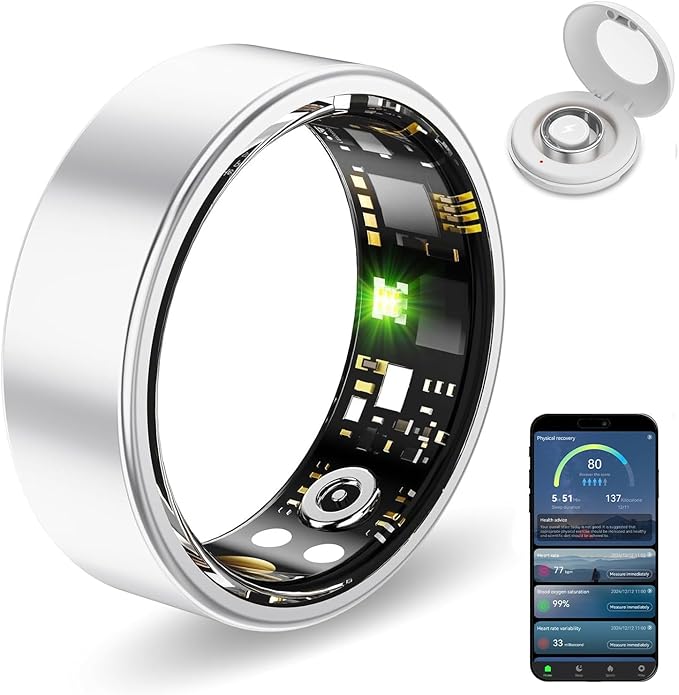 Smart Ring Health Tracker, Sleep&Exercise Monitor Heart Rate,Blood Oxygen,Fitness Trackers for Man&Women -Long Lasting Batteries,Waterproof Sleep Tracking Wearable (Silver, 7)