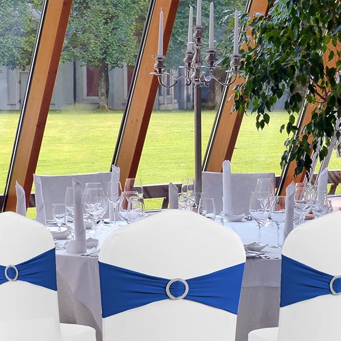 Spandex Royal Blue Chair Sashes 50 Pack, Blue Chair Bands for Wedding Party Graduation Gender Reveal Decor, Blue Chairs Bows Ties