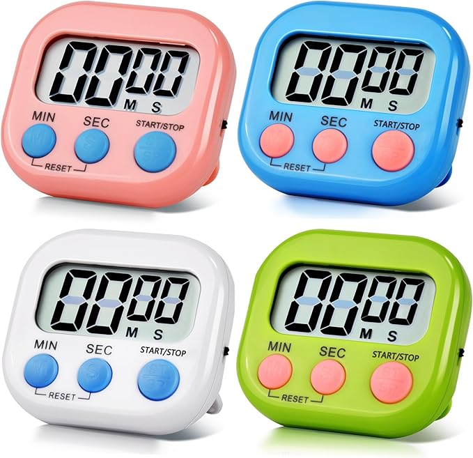4 Pack Digital Kitchen Timer Magnetic Digital Timer with Big Display Loud Ring Cooking Timers for Cooking, Game, Gym, Break Time, Classroom(4,Pink, Blue, Green, White)