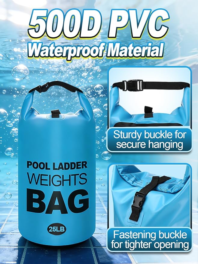 Cosweet 2 Pack Heavy Duty Pool Ladder Weights - 25lb Easy to Fill Anchor Bags, 500D PVC Waterproof Sand Bags with Secure Buckle Closure to Stabilize Above Ground Swimming Pool Steps