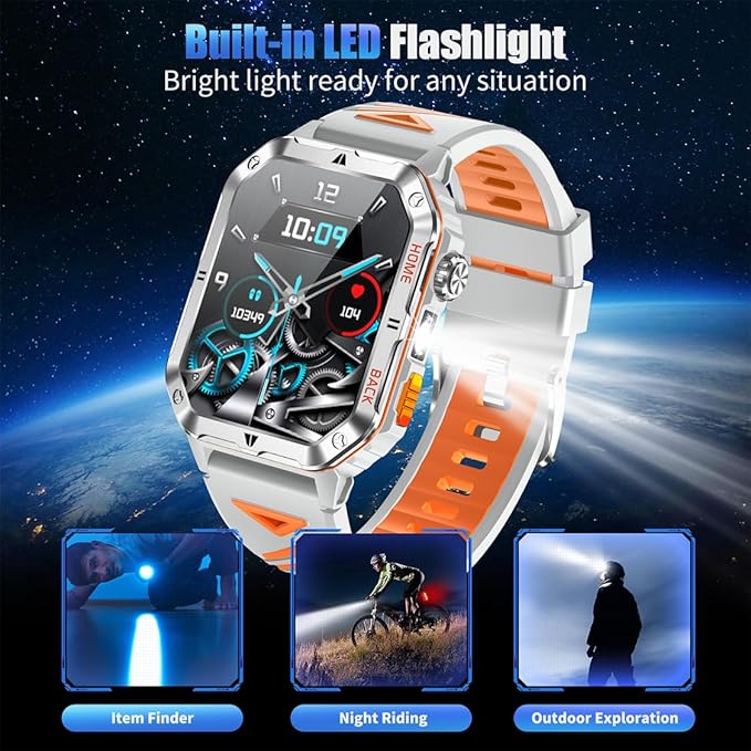 Military Smart Watch for Men, 2.01” Fitness Tracker with 1200mAh Battery Life, Bluetooth Calling, Flashlight, 5ATM Waterproof, Heart Rate & Sleep Tracking, 110+ Sports Modes for Android & iPhone