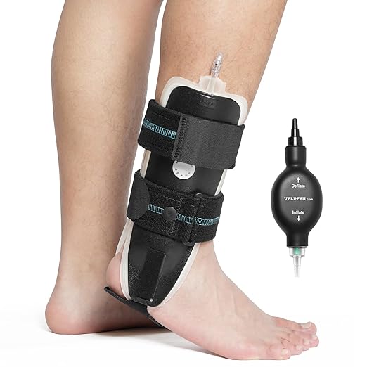 Velpeau Air Gel Foam Ankle Stabilizer Support Brace for Sprained Ankle, Ligament Injury, Tendonitis, Adjustable Rigid Stirrup Ankle Splint for Women and Men (Inflatable Version, Small, Right Foot)