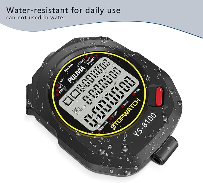 Stopwatch Timer 10 Splits/Laps Digital Stop Watch for Sports, Countdown Alarm Clock Date Memory Recall Large Display, Stopwatch for Coaches PE-Teacher Referee (Black, 100 Splits/laps)