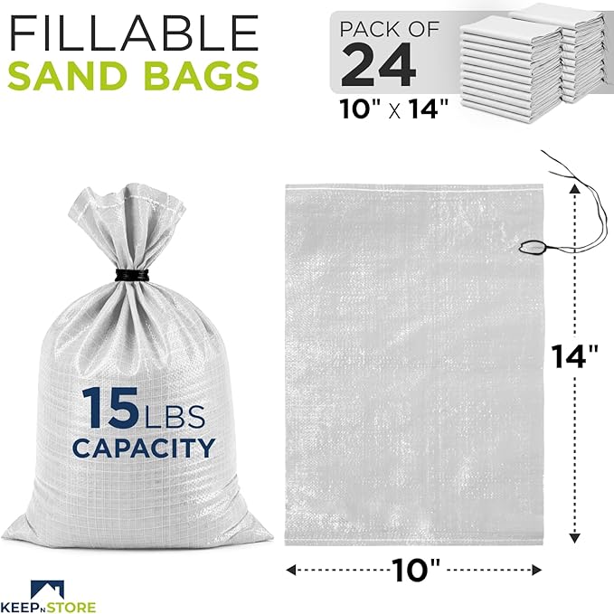 Heavy Duty Sand Bags Pack of 24, White Empty Sandbags with Built-In Ties, Woven Polypropylene UV Protection 1600 Hours, Fillable Bags for Flood Control, Weight, 10x14 inches, 15 Pounds Volume