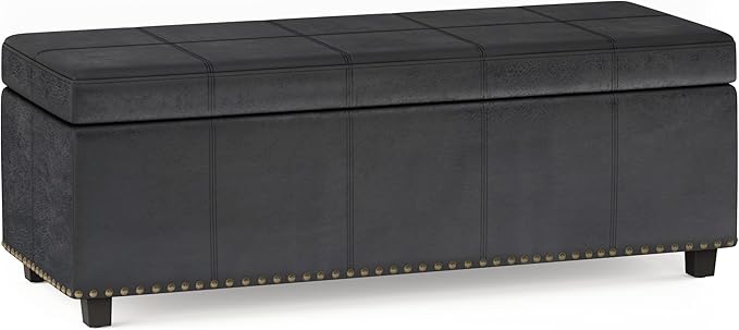 SIMPLIHOME Kingsley 48 inch Wide Transitional Rectangle Large Storage Ottoman in Distressed Black Vegan Faux Leather, Assembled for the Living Room, Entryway and Family Room