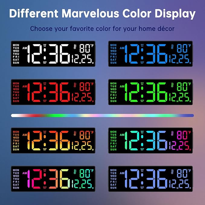 Soobest 14.2" Large Display Digital Wall Clock with Date Day of Week Temp Timer, Electric 8-in-1 Color Changing Big LED Clock for Elderly Seniors, Auto DST, Remote Control for Living Room Home Gym