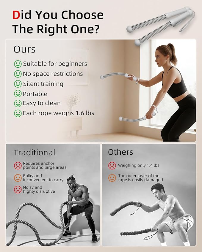 Abahub Weighted Ropeless Battle Rope, Portable Silent Home Workout Equipment, Space Saving Home Gym with Workout Gloves, HIIT and Low-Impact Aerobic Training for Men & Women, 2PCS Grey