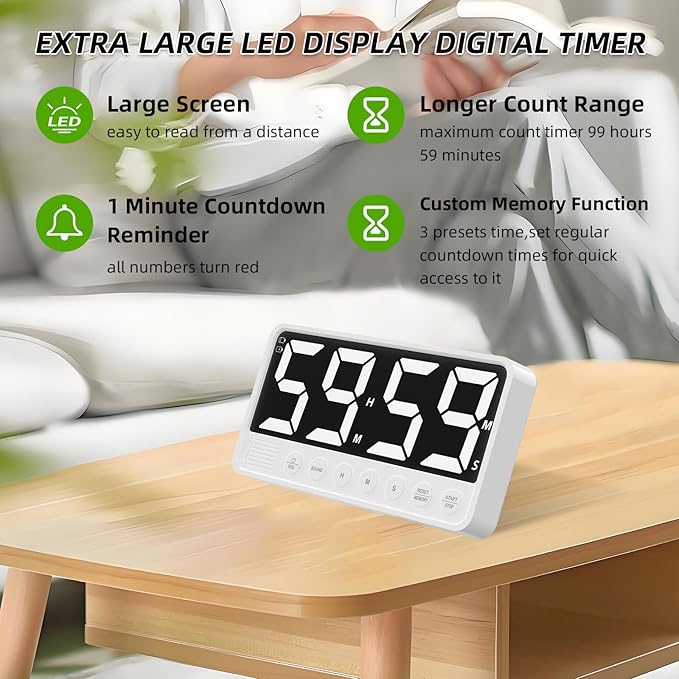 Extra-Large Display Digital Kitchen Timer with 7.4” LED Screen, 6 Alarms & 4 Volume Levels, 3 Memory Presets, Magnetic Stand Rechargeable Count Down/Up Timer for Cooking Home Gym, White